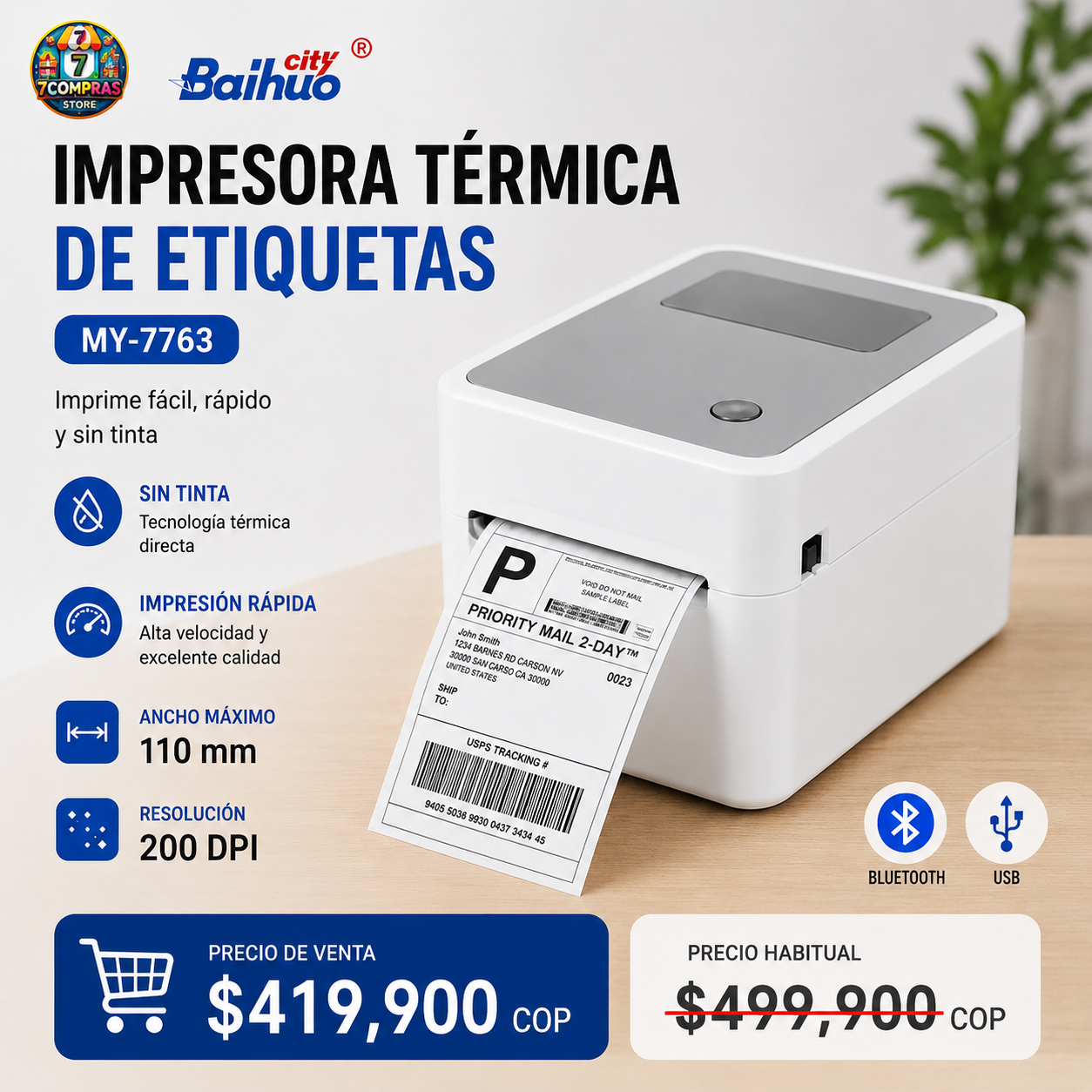 Impresora Térmica De Etiquetas Bluetooth Y USB Baihuo City MY-7736 